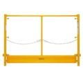 A yellow scaffolding frame with chains attached to it on a white background.