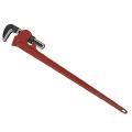 A red pipe wrench with a long handle on a white background.