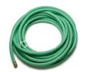 A green hose with a brass fitting on a white background.