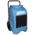 A blue portable dehumidifier with wheels and a handle on a white background.