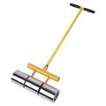 A lawn roller with a long handle on a white background.