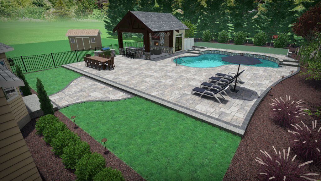 Backyard patio with pool, lounge chairs, pergola, and landscaped lawn and garden beds