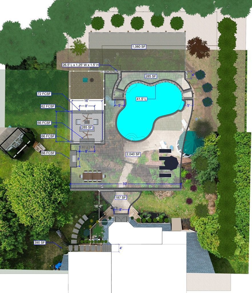 Aerial view of a backyard with a bright blue swimming pool, patio, landscaping, and a house at the bottom.