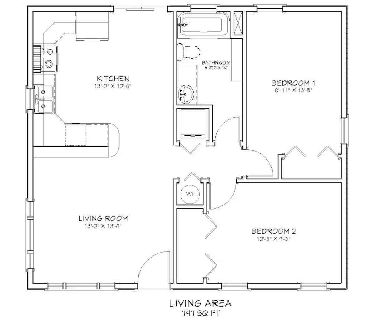 Apartment floor plan with living room, kitchen, two bedrooms, and bathrooms, labeled living area.