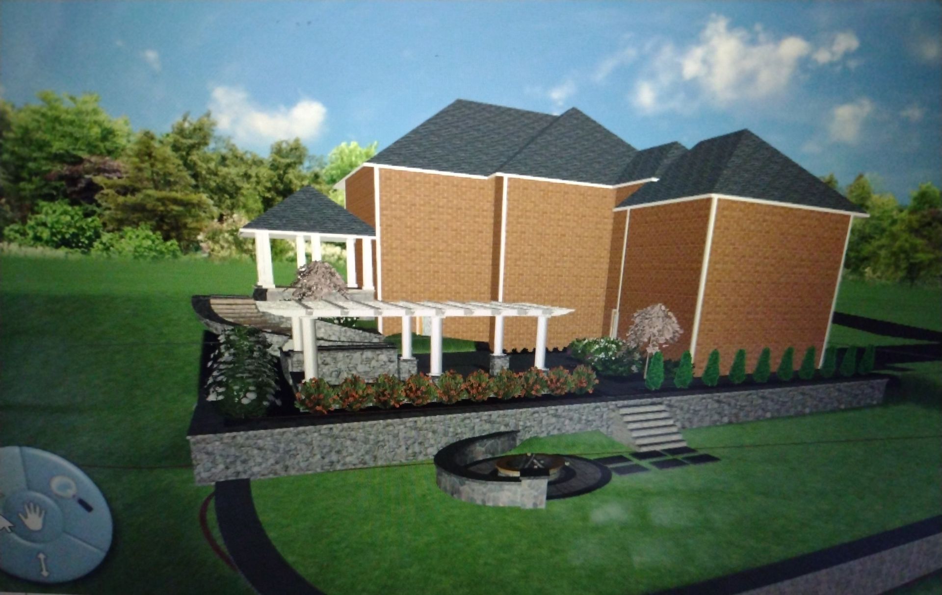3D rendering of a brick house with patio, pergola, landscaped yard, and curved garden path