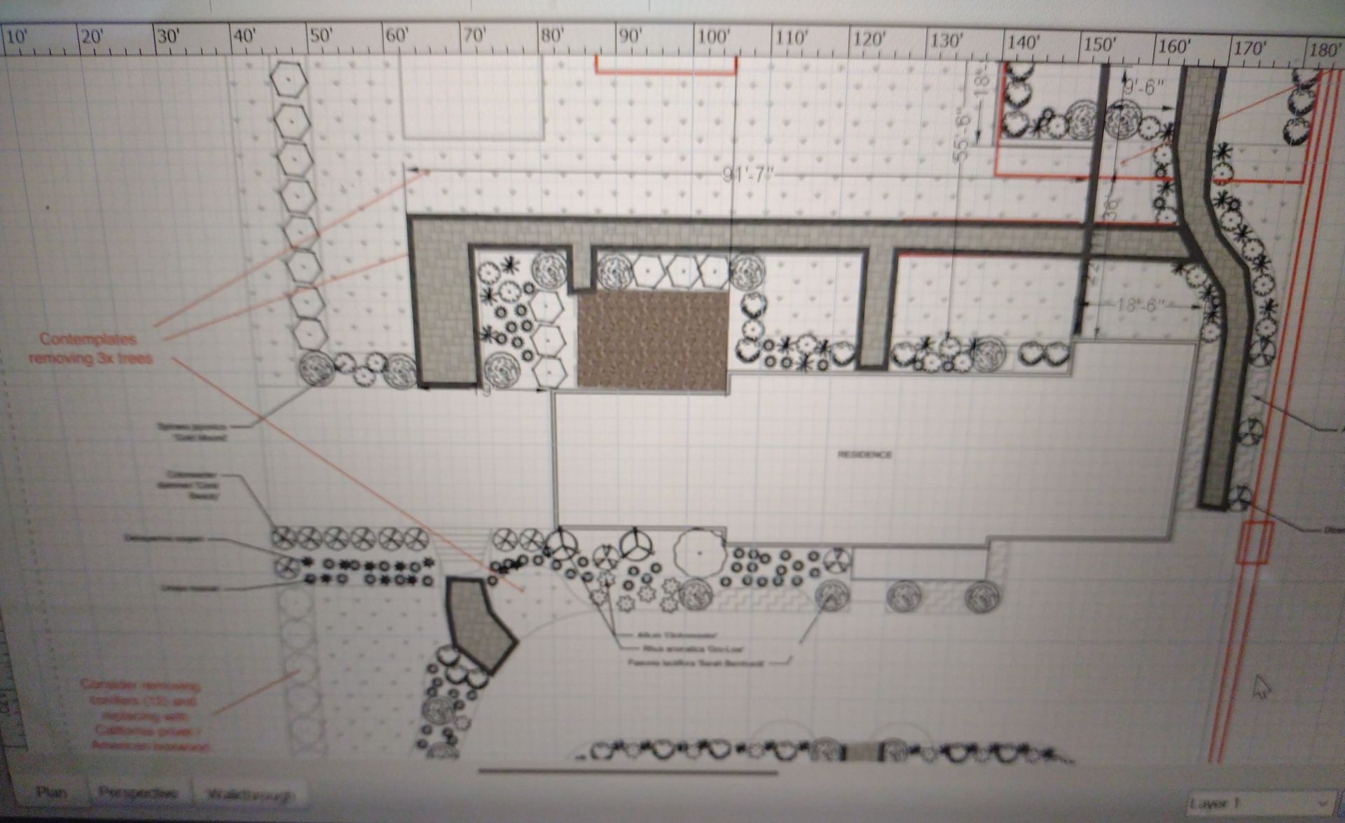 Landscape architectural site plan with building footprint, paths, planting areas, and annotated dimensions