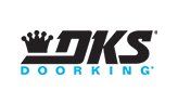 Logo for DoorKing, black and turquoise; features a crown atop the letters 