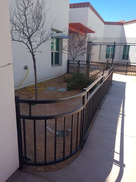 Black metal fence encloses a small, barren courtyard beside a white building. A bare tree grows in the dirt.