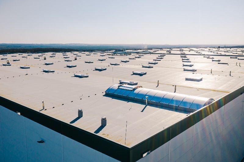 An aerial view of the roof of a large building