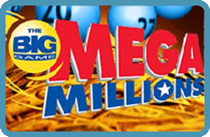 The big game mega millions logo with balloons in the background.