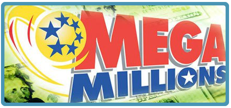 A logo for the mega millions lottery with money in the background.