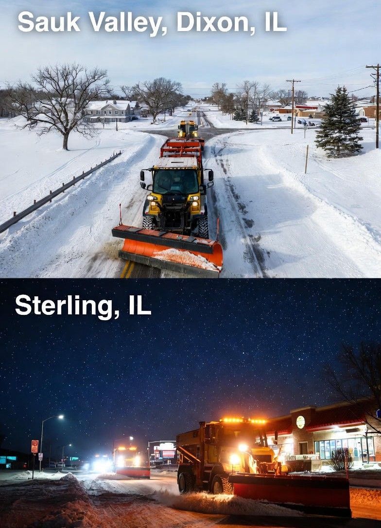 Two scenes: Snowplow clearing road in Sauk Valley, Dixon, IL and Sterling, IL.