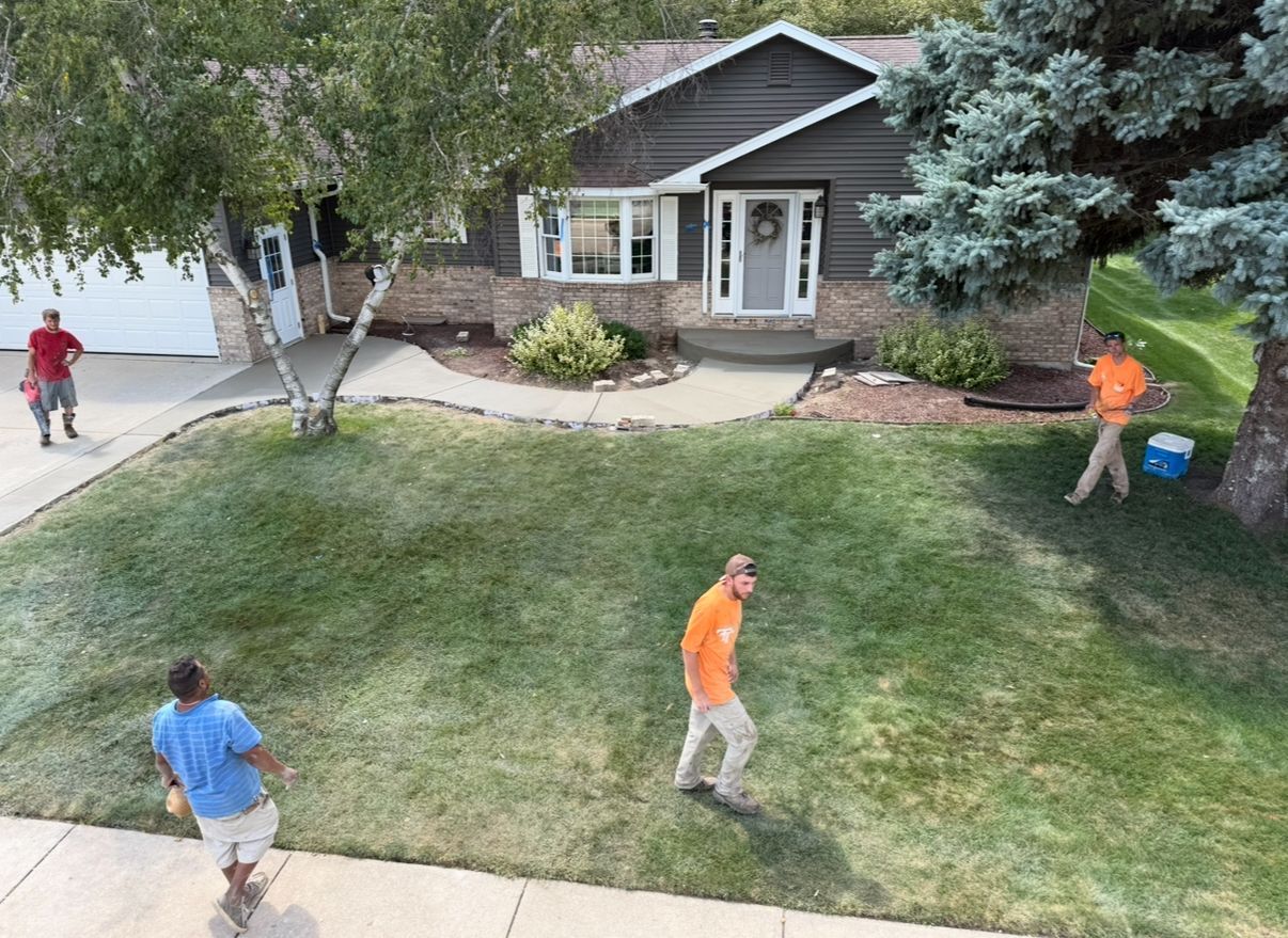 Four people in a yard in front of a house. One is working by a tree, others walking on the grass.