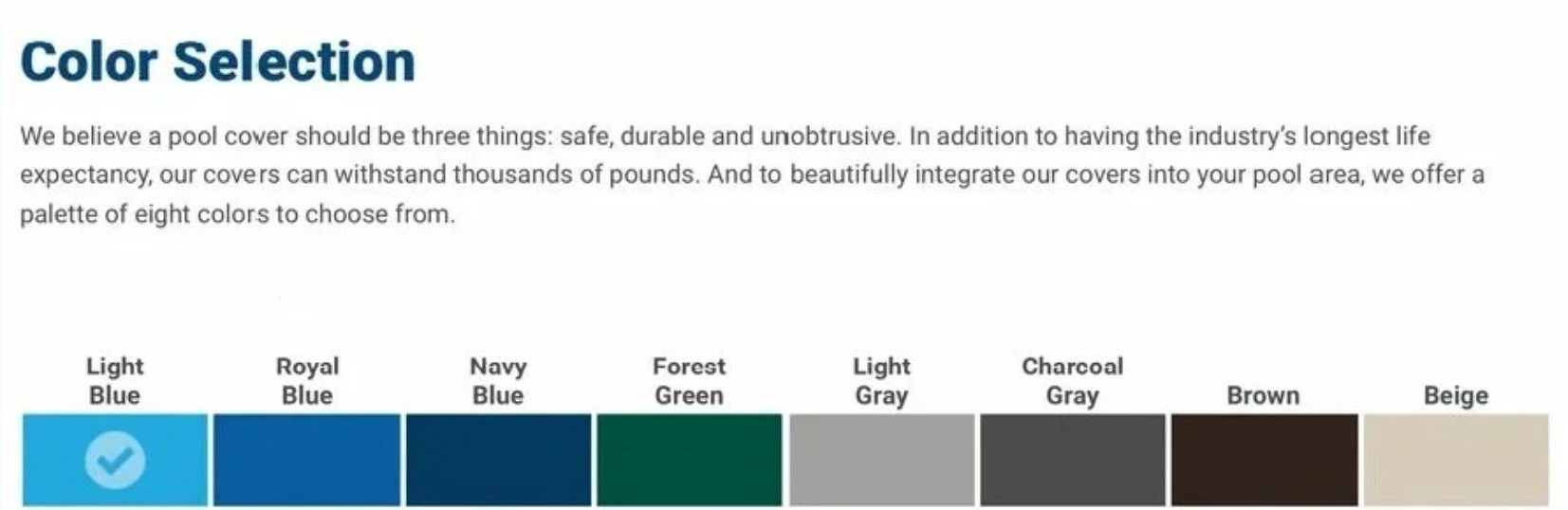 Color selection chart with labeled swatches from light blue to dark brown, one blue swatch selected.