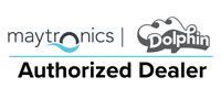 Maytronics Dolphin Authorized Dealer logo. Black text on white background. Dolphin shaped graphic.
