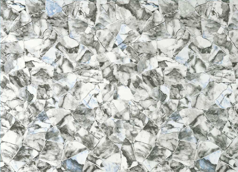 Mosaic pattern of gray, white, and blue irregular shapes, resembling shattered stone.
