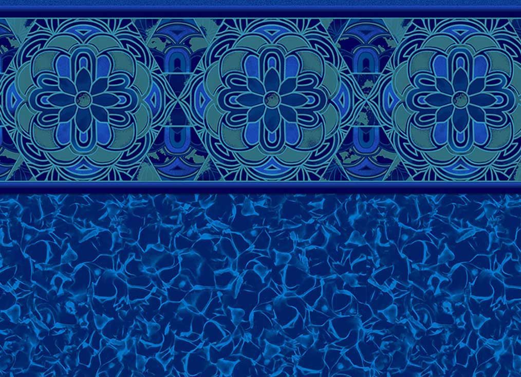 Swimming pool liner with a blue mosaic border and a blue water-like pattern.