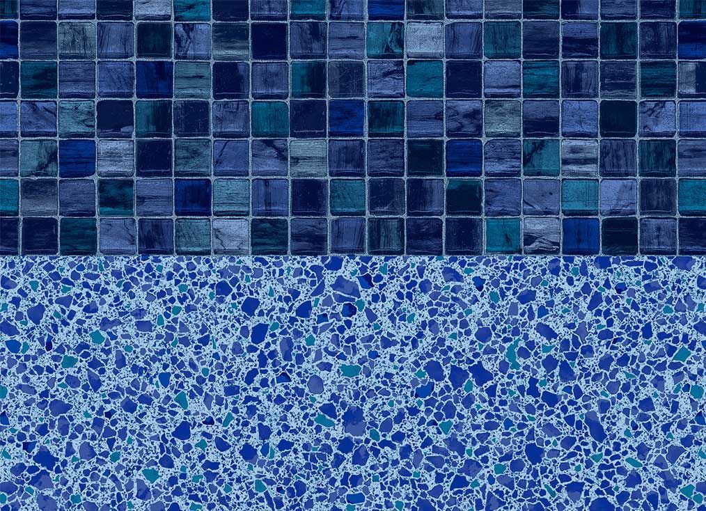 Blue mosaic tile border above speckled blue pool lining.