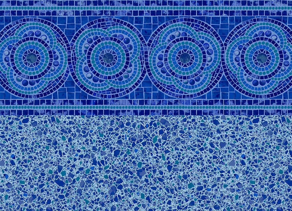 Blue mosaic pool liner with repeating circular pattern.