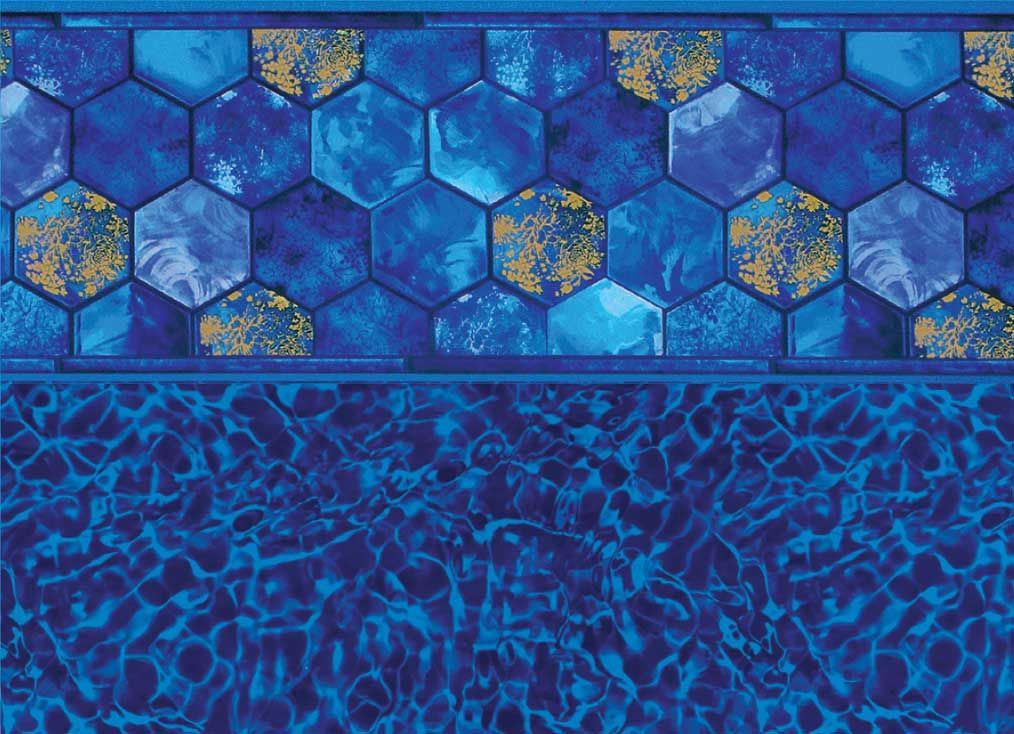 Blue pool liner with honeycomb tile border and water-like pattern below.