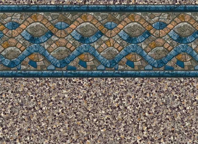 Swimming pool liner with a stone mosaic border and speckled brown walls.