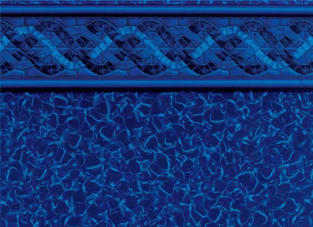 Blue pool liner with mosaic tile border and water pattern.