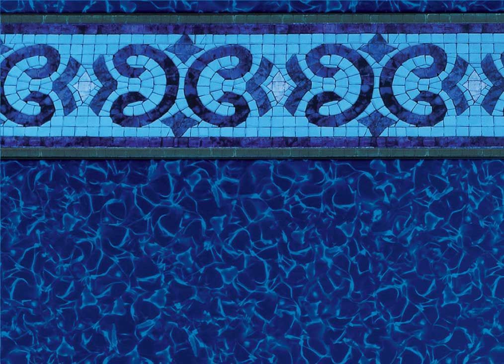 Mosaic tile pool border, blue and teal swirl design, dark blue water effect.