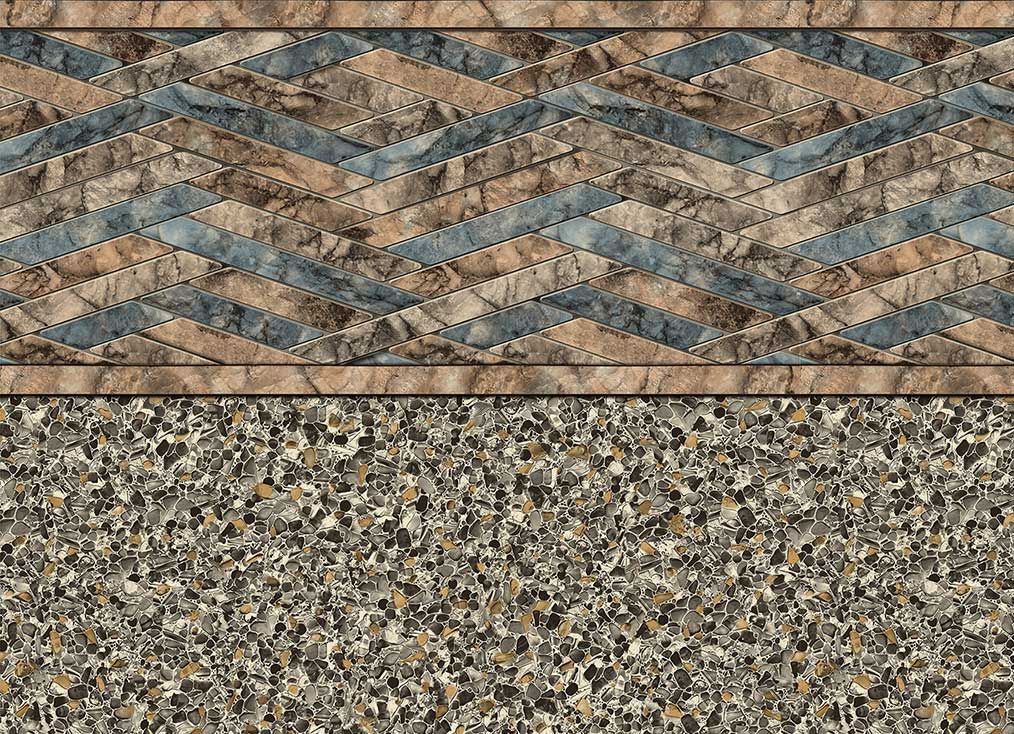 Pool liner design with a textured mosaic upper section and a pebble-like lower section.