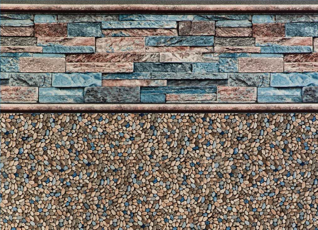 Pool liner with stacked stone tile border and pebble-textured bottom.