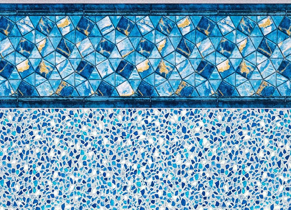Pool liner design: mosaic border, blue and white stone pattern.