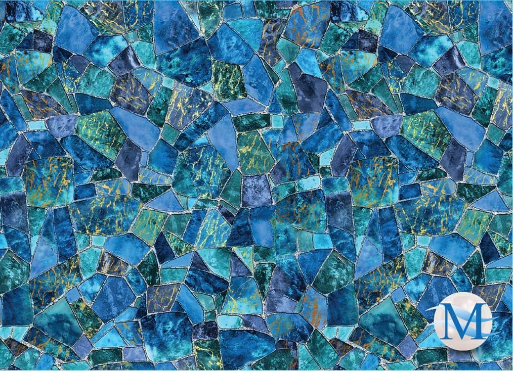 Mosaic pattern of blue and teal stone fragments with gold accents.