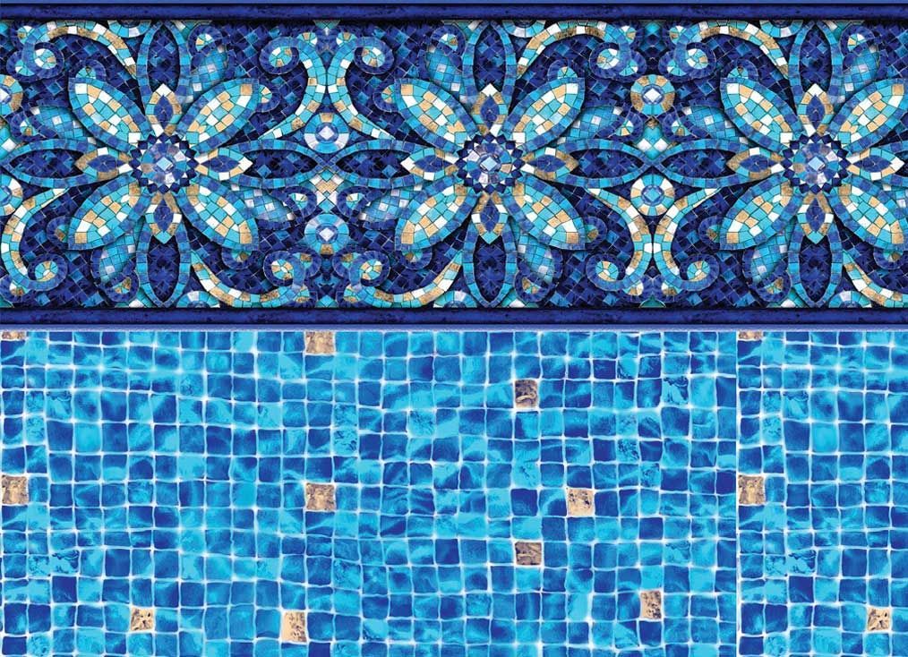 Pool liner with mosaic tile pattern in blue hues.