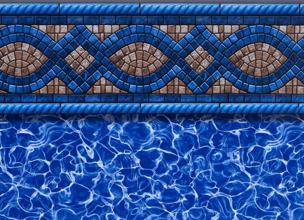 Pool liner with blue water pattern and mosaic tile border.
