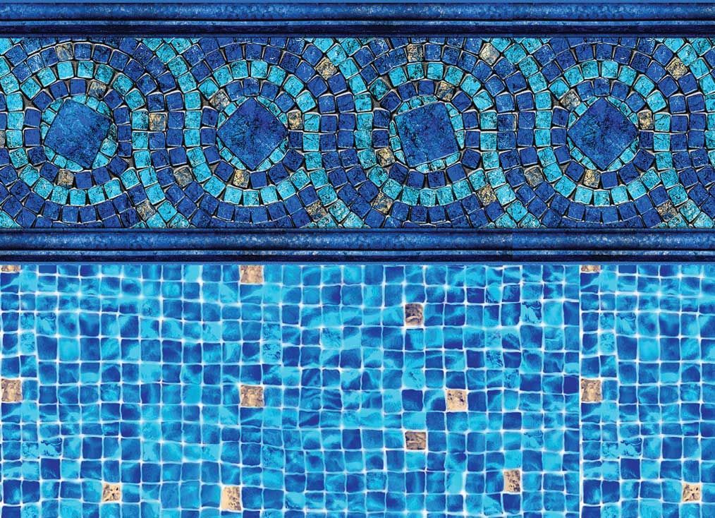 Pool liner with blue mosaic tile pattern and decorative border.