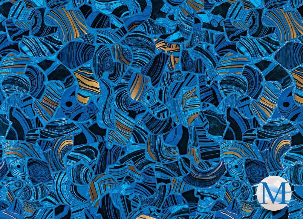 Abstract mosaic pattern, shades of blue and gold swirls.