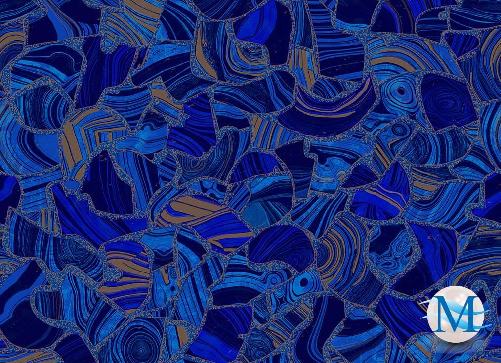 Abstract mosaic of deep blue and brown swirling patterns.