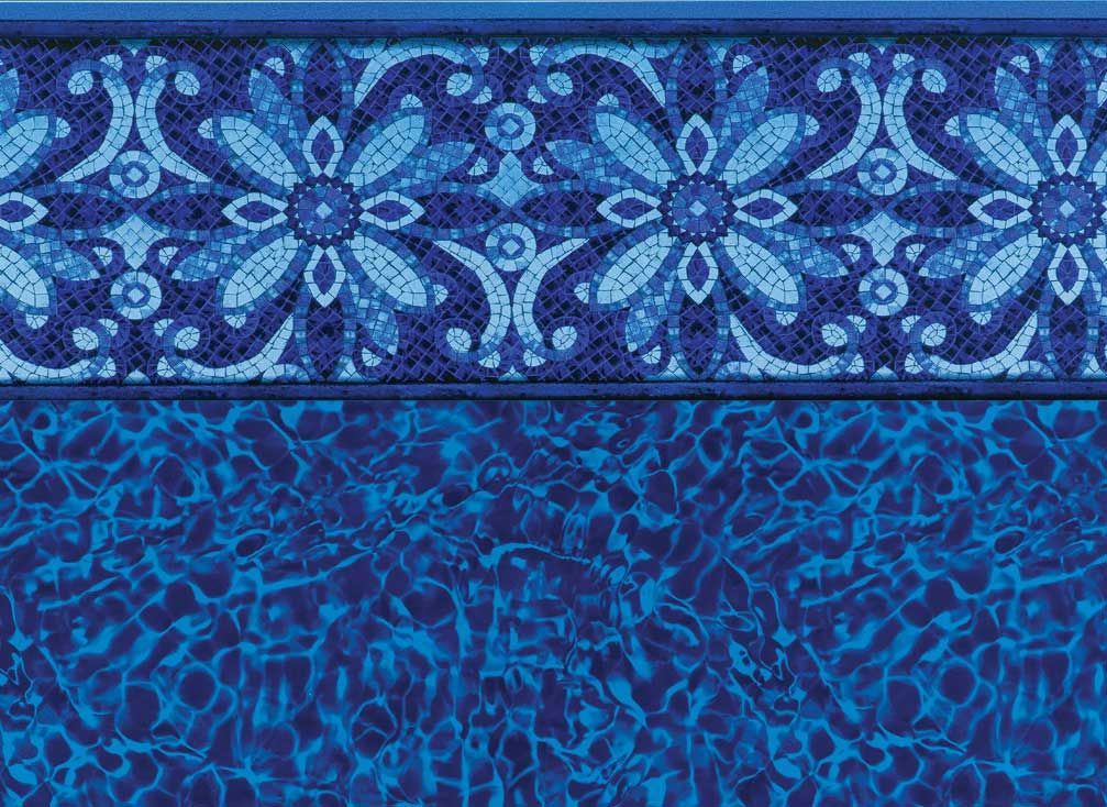 Blue pool liner with floral mosaic border above water ripple pattern.