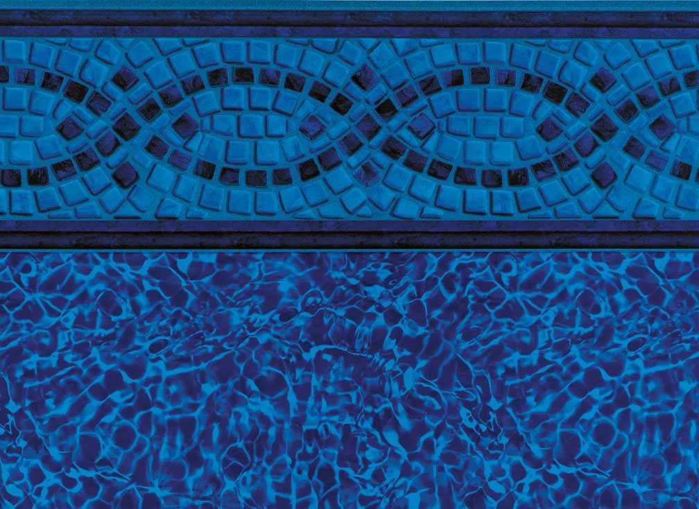 Blue pool liner with mosaic tile border and water texture.