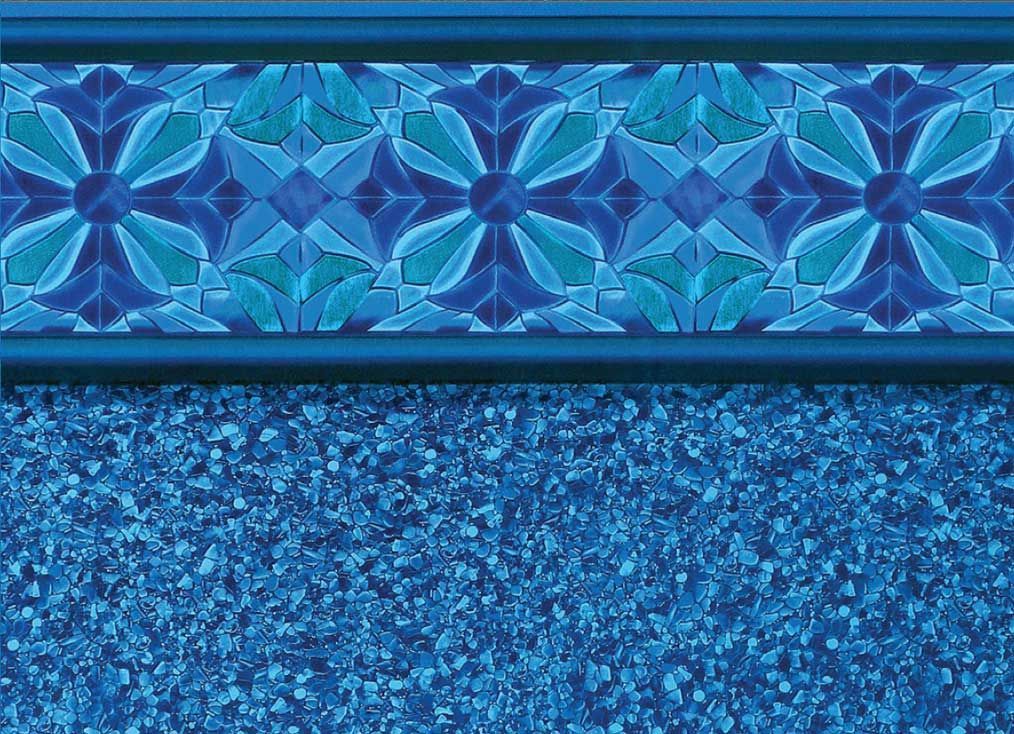 Blue pool liner with mosaic tile border.