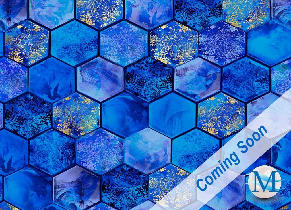 Blue and gold hexagonal mosaic tile pattern; 