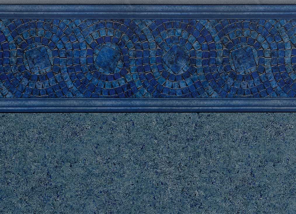 Blue pool tile: decorative border of mosaic circles above a textured surface.
