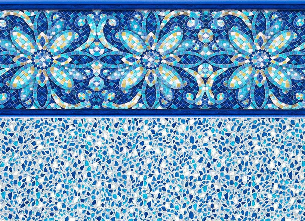 Mosaic tile border in shades of blue and turquoise with floral designs and speckled lower section.