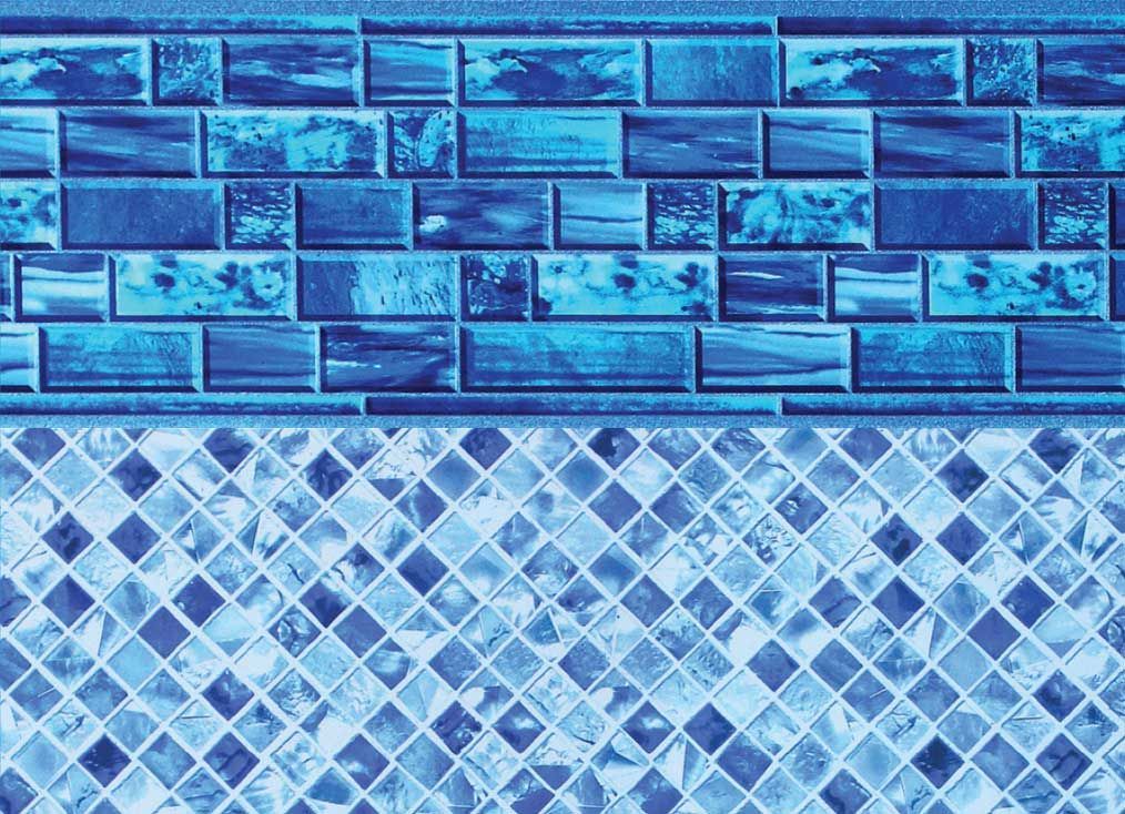 Blue swimming pool liner with brick pattern above, diamond tile pattern below.