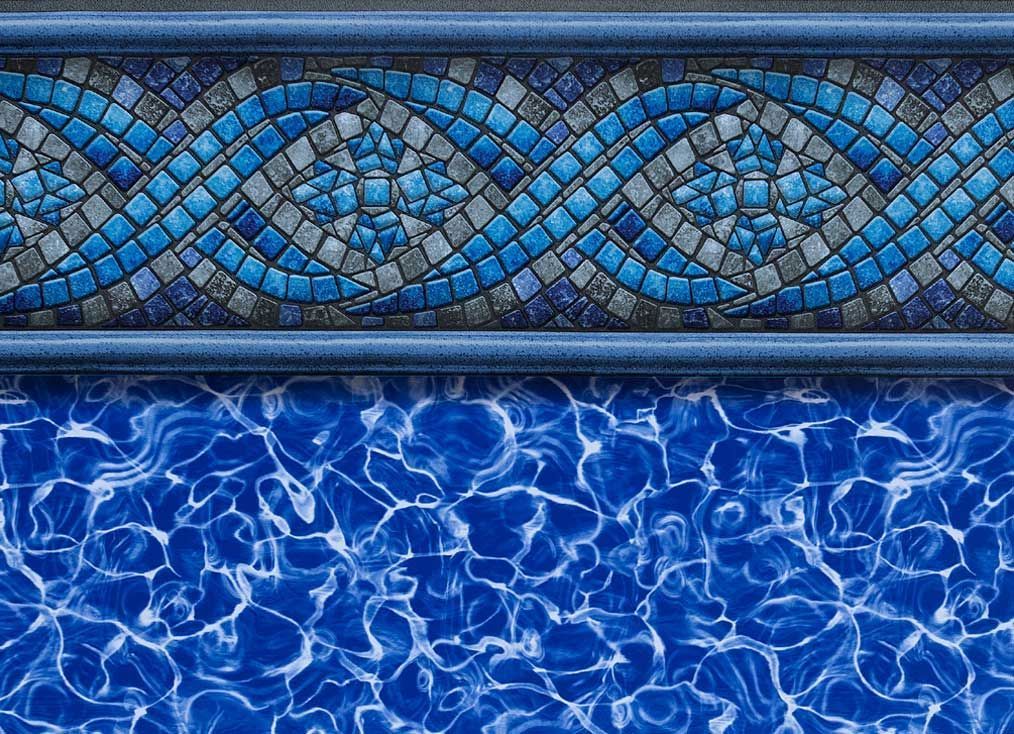 Blue pool liner with mosaic tile border.