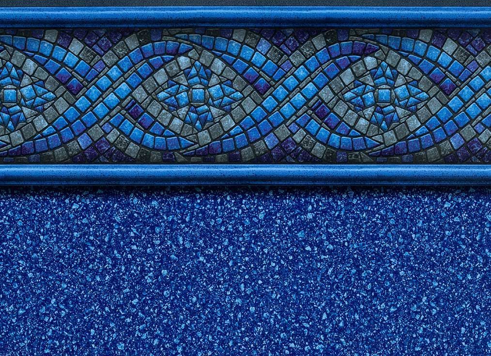 Blue pool liner with mosaic tile border and textured water design.