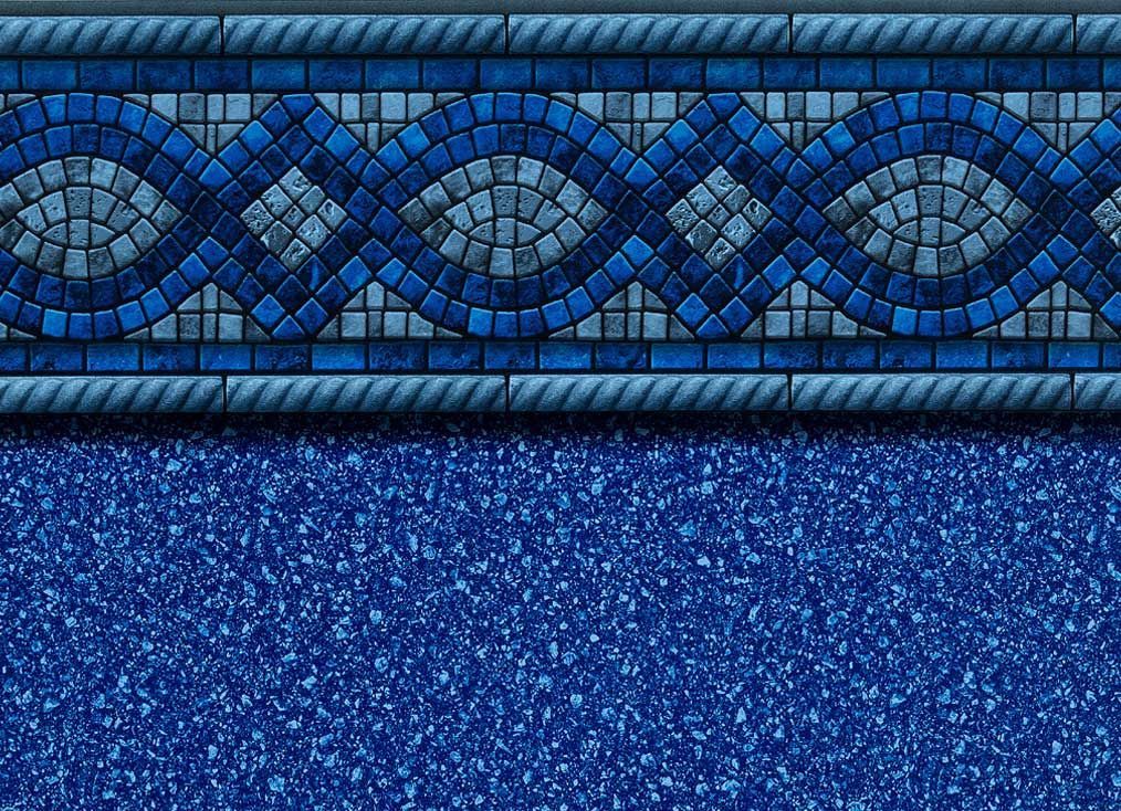 Blue mosaic pool border with rope edging above a textured, speckled blue pool surface.