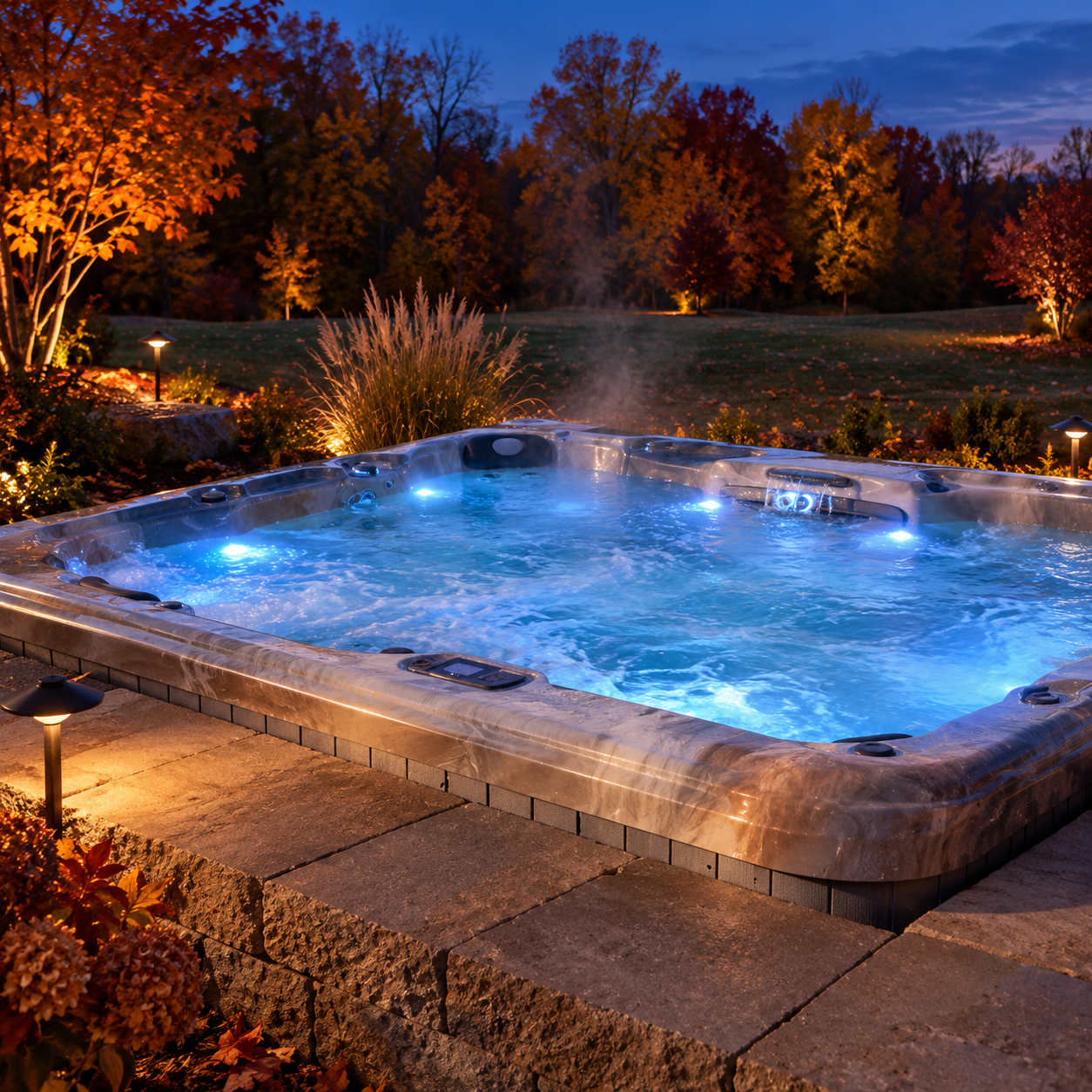 Lit hot tub with bubbling blue water in a landscaped backyard at night, surrounded by autumn trees.