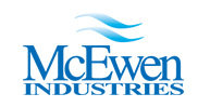 McEwen Industries logo in blue text with a stylized wave above it