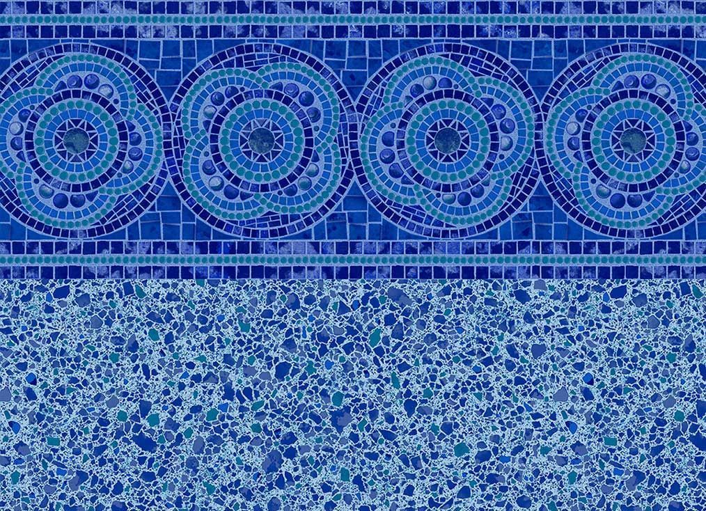 A pool liner pattern with a border of blue circular floral mosaic tiles over a textured light-blue speckled background.