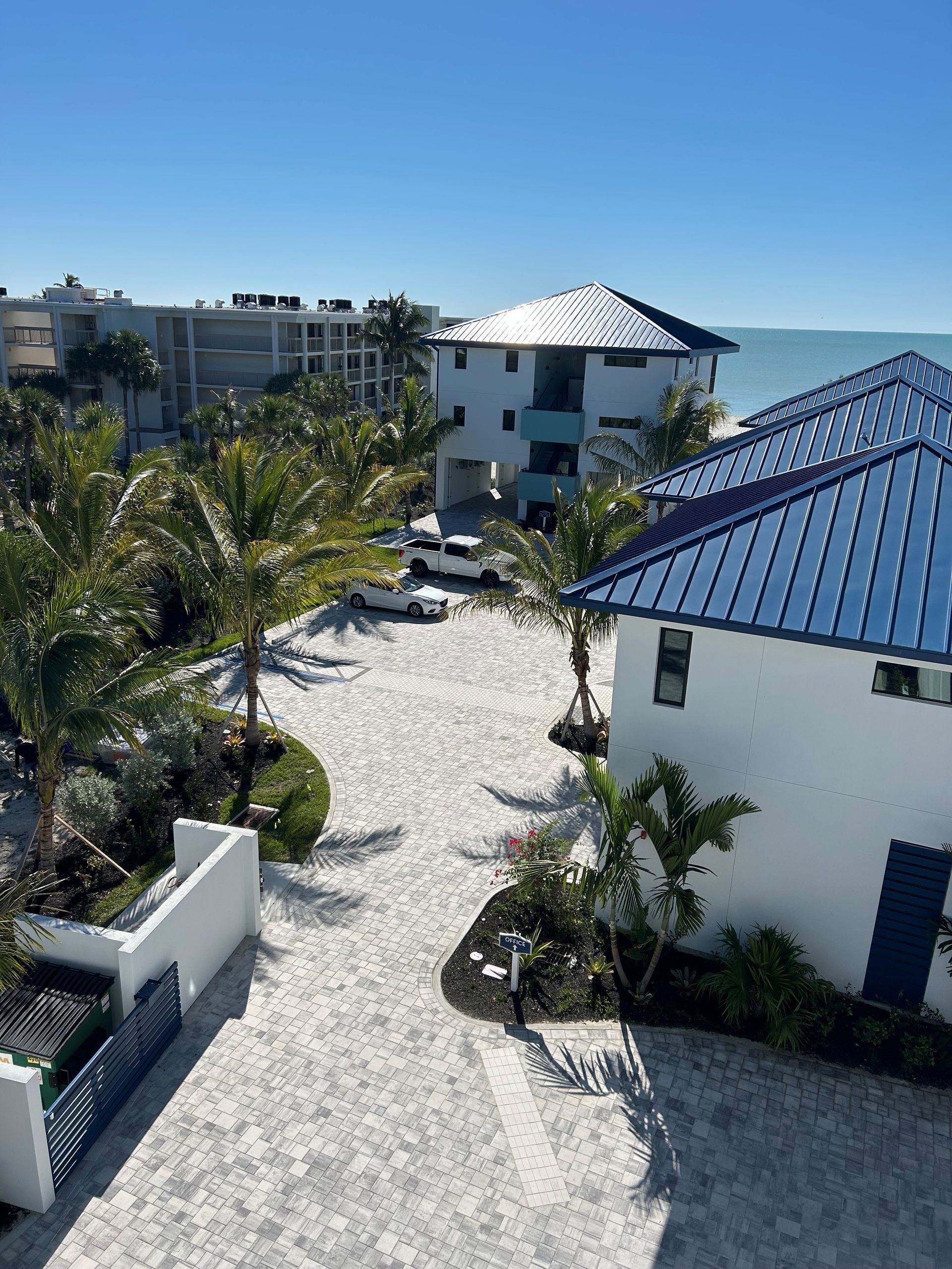 White coastal buildings with blue roofs beside a palm-lined stone path under a clear sky